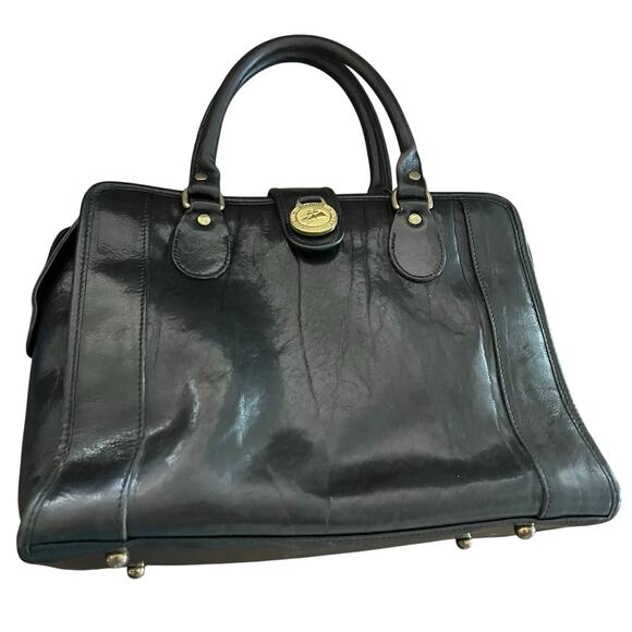 Vintage Brahmin Black Leather Double Handle Brass Hardware Satchel Handbag - Picture 7 of 11